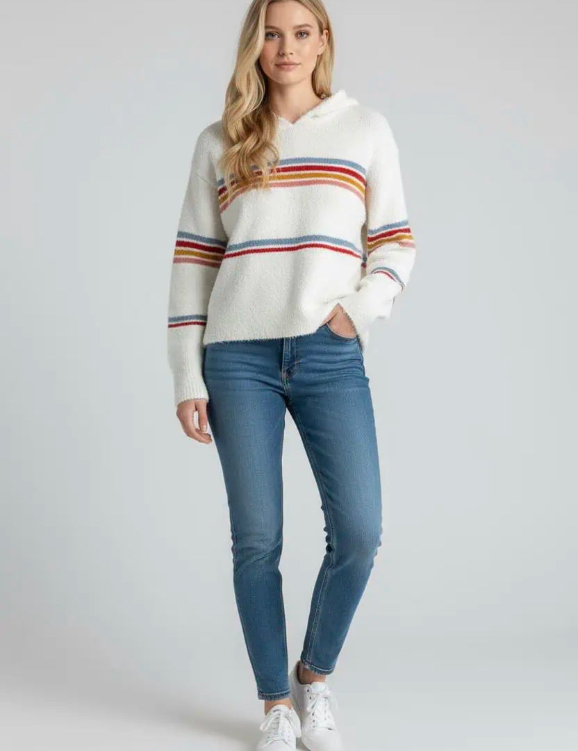 Multicolored Striped Accent Hooded Popcorn Sweater | Sweaters Daverri Fashions