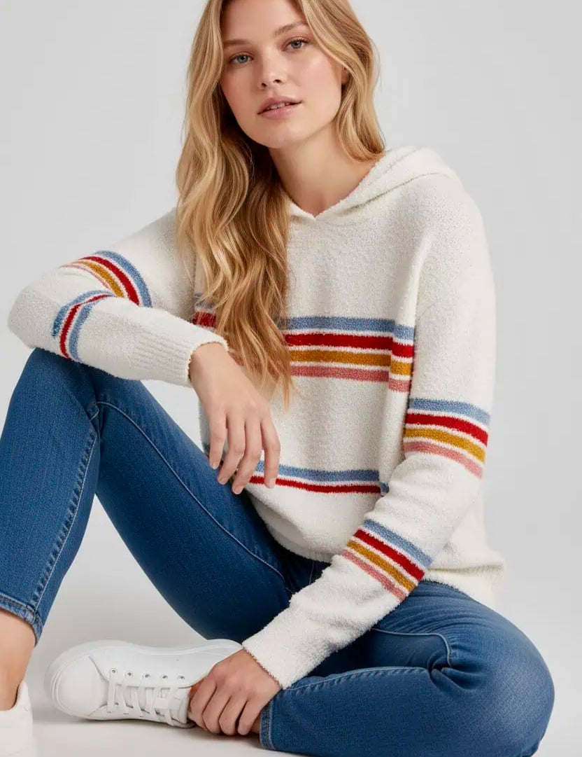 Multicolored Striped Accent Hooded Popcorn Sweater | Sweaters Daverri Fashions