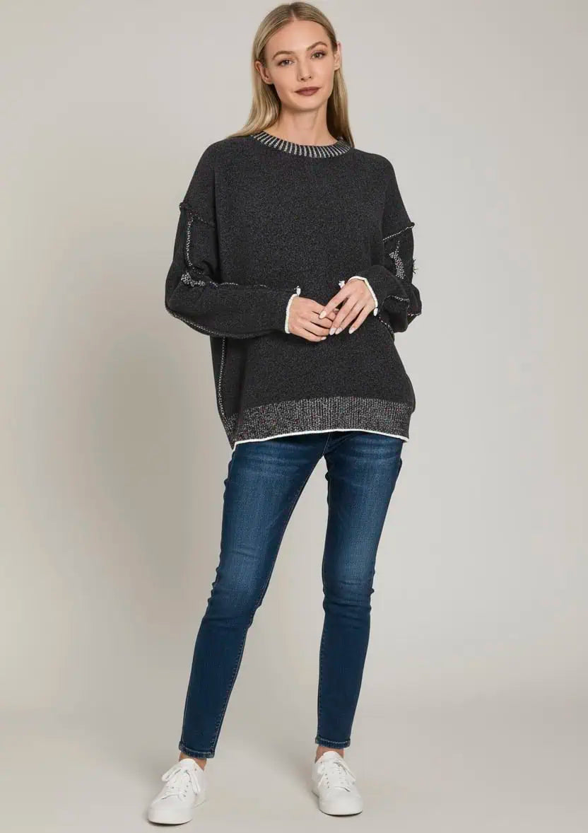Zenana Exposed Seam Round Neck Two-Tone Sweater | Sweaters Daverri Fashions