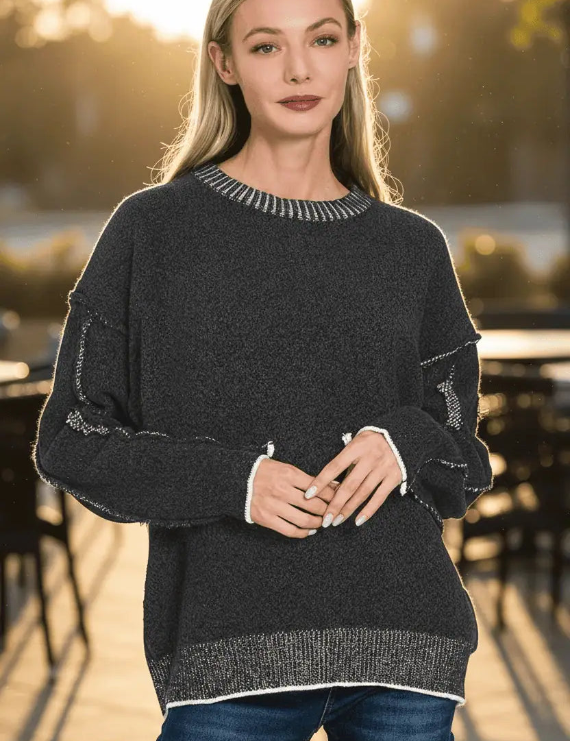 Zenana Exposed Seam Round Neck Two-Tone Sweater | Sweaters Daverri Fashions