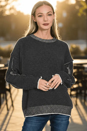 Zenana Exposed Seam Round Neck Two-Tone Sweater | Sweaters Daverri Fashions