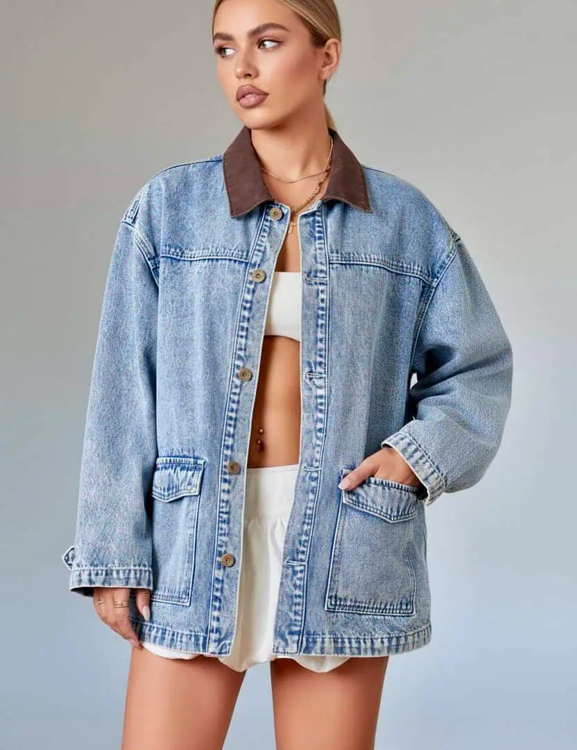 Vintage Wash Denim Jacket with Contrast Collar | Denim Jackets Daverri Fashions