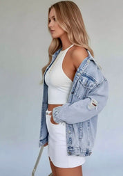 Distressed Wash Button Up Denim Jacket