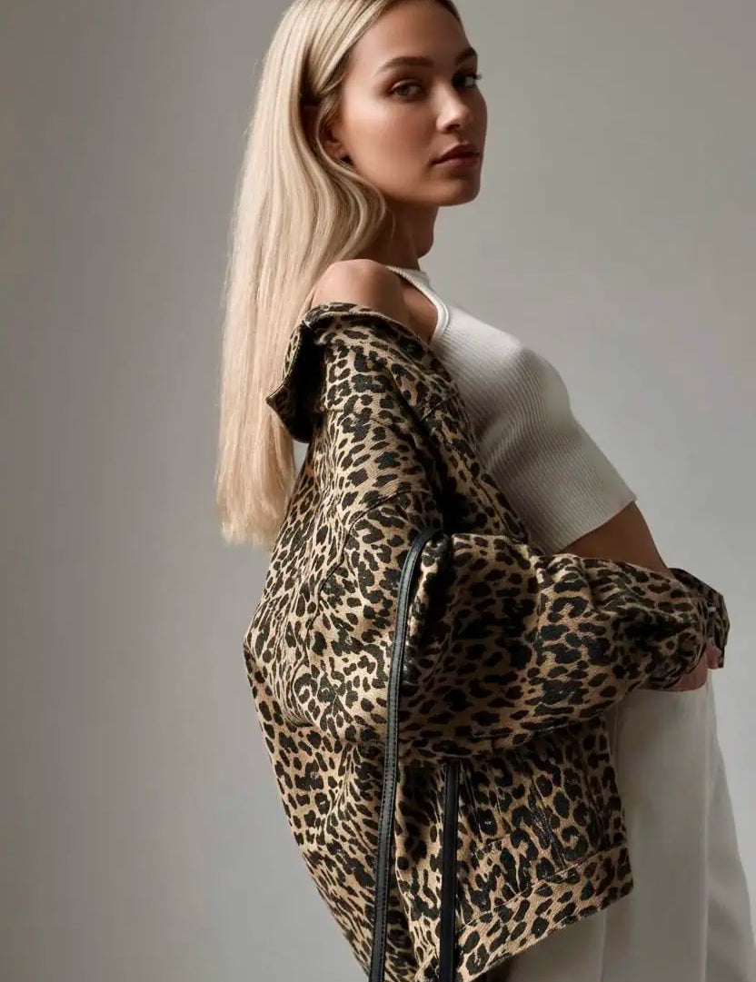 Leopard Button Up Long Sleeve Denim Jacket | Denim Jackets Daverri Fashions
