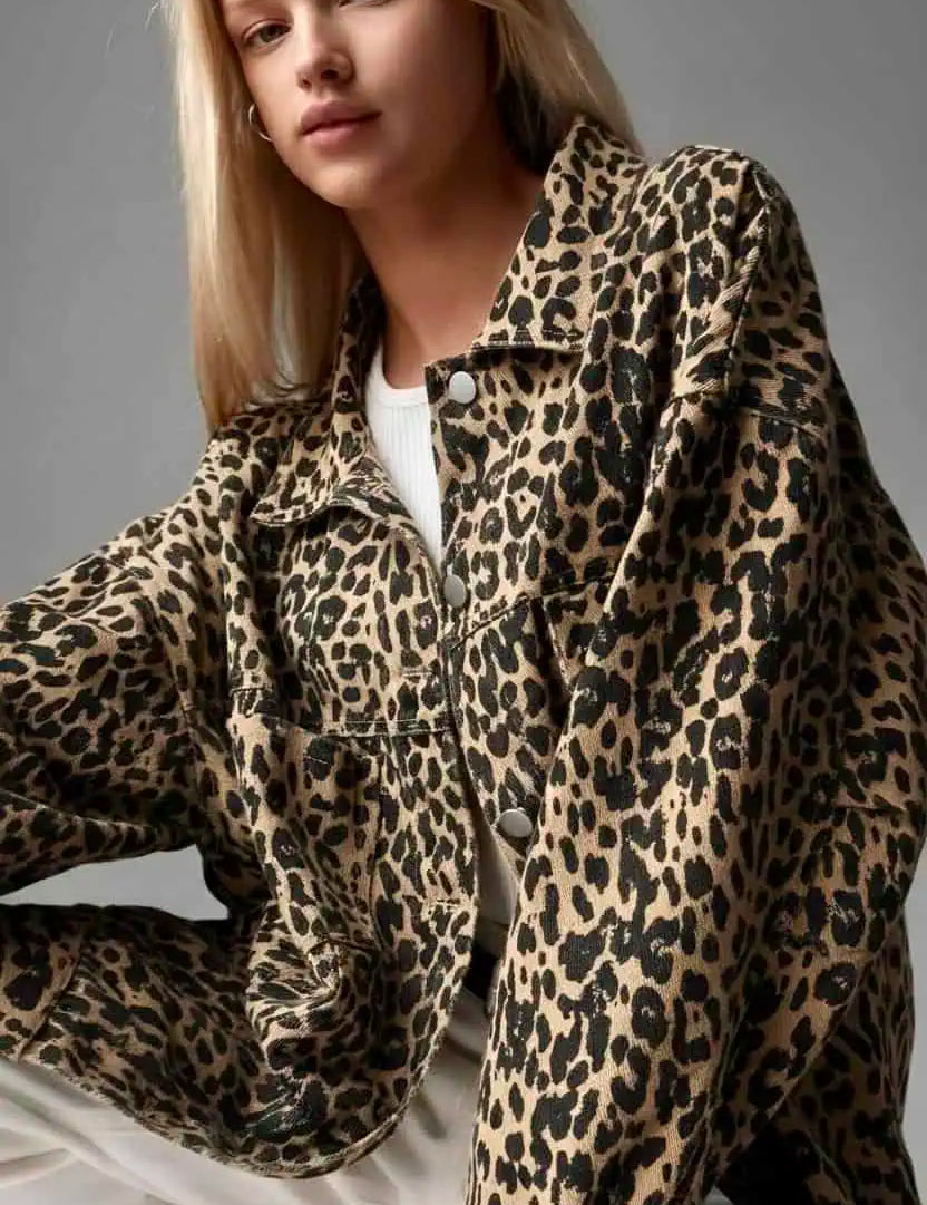 Leopard Button Up Long Sleeve Denim Jacket | Denim Jackets Daverri Fashions