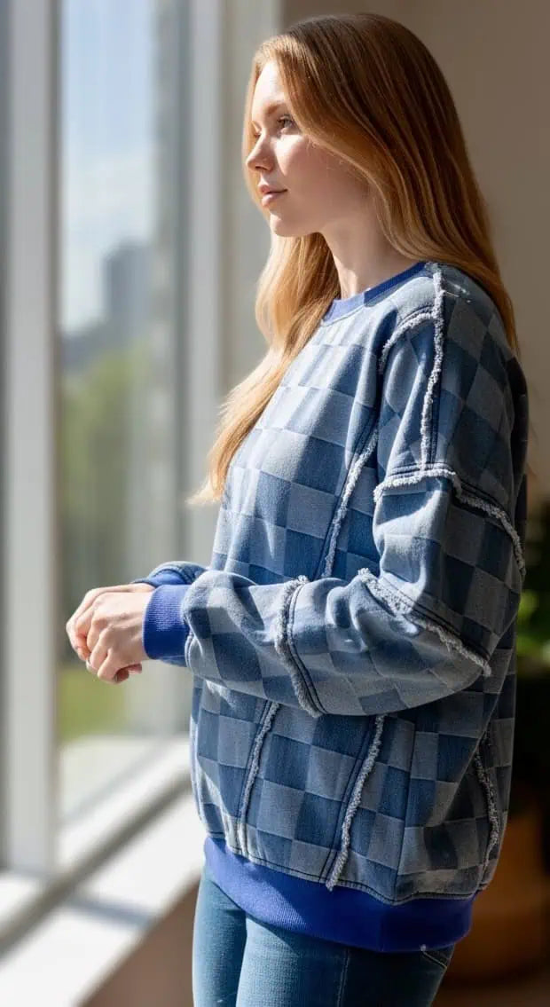 Checkerboard Splicing Raw Detail Oversized Denim Top | Tops Daverri Fashions