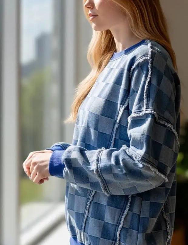 Checkerboard Splicing Raw Detail Oversized Denim Top | Tops Daverri Fashions