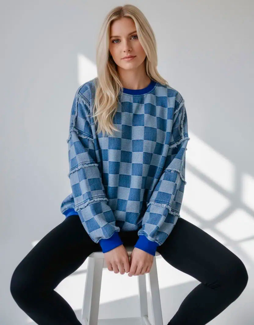 Checkerboard Splicing Raw Detail Oversized Denim Top | Tops Daverri Fashions