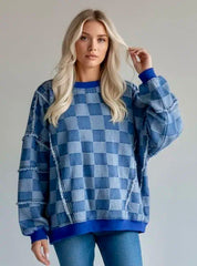 Checkerboard Splicing Raw Detail Oversized Denim Top | Tops Daverri Fashions