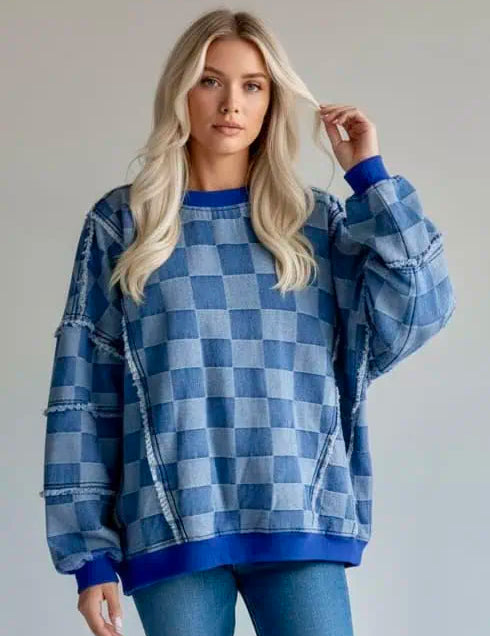 Checkerboard Splicing Raw Detail Oversized Denim Top | Tops Daverri Fashions