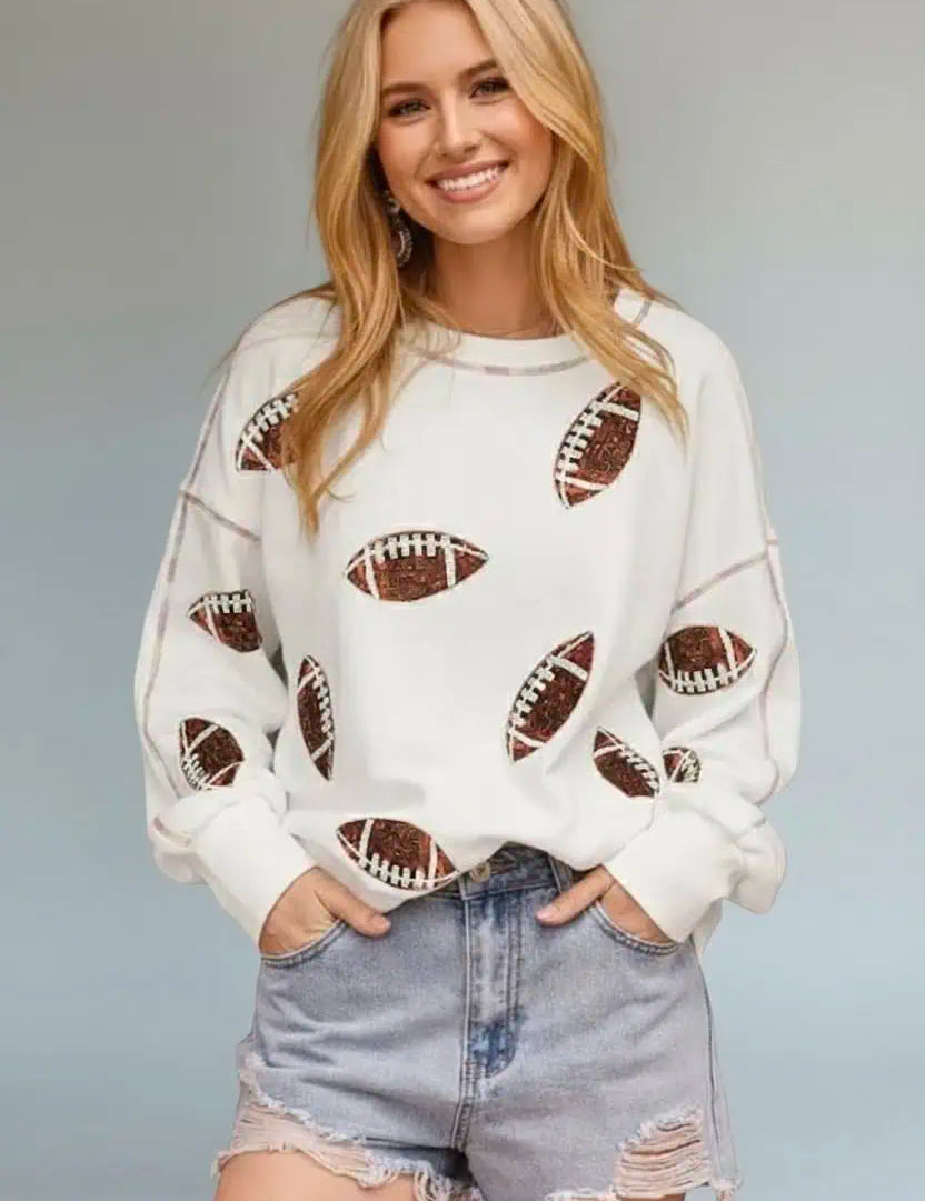 Sequin Football Round Neck Long Sleeve Sweatshirt | Sweatshirts Daverri Fashions