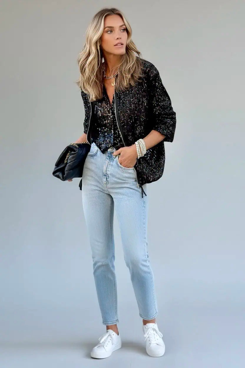 Sequin Zip Up Long Sleeve Jacket | Jackets Daverri Fashions