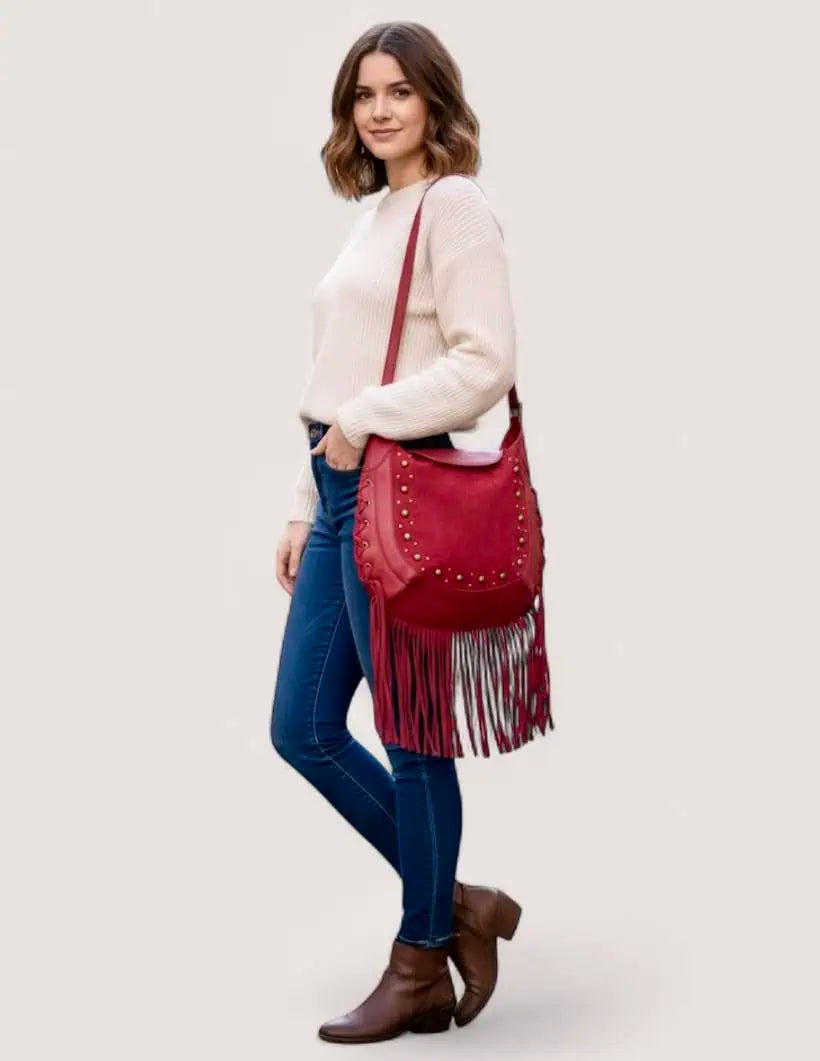 Fame Rivet Trim Suede Fringe Shoulder Bag | Handbags Daverri Fashions