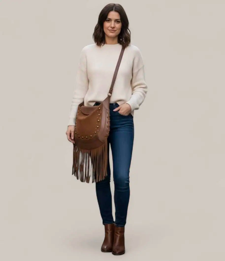 Fame Rivet Trim Suede Fringe Shoulder Bag | Handbags Daverri Fashions