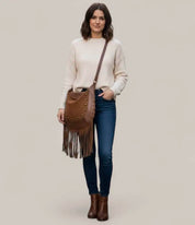 Fame Rivet Trim Suede Fringe Shoulder Bag | Handbags Daverri Fashions