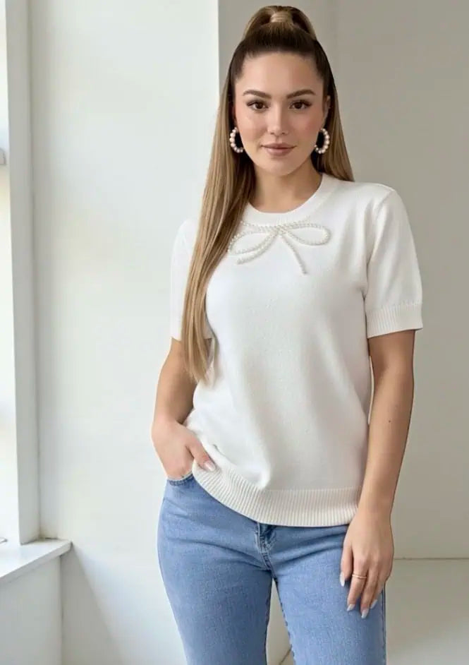 Pearl Bow Embellished Round Neck Sweater