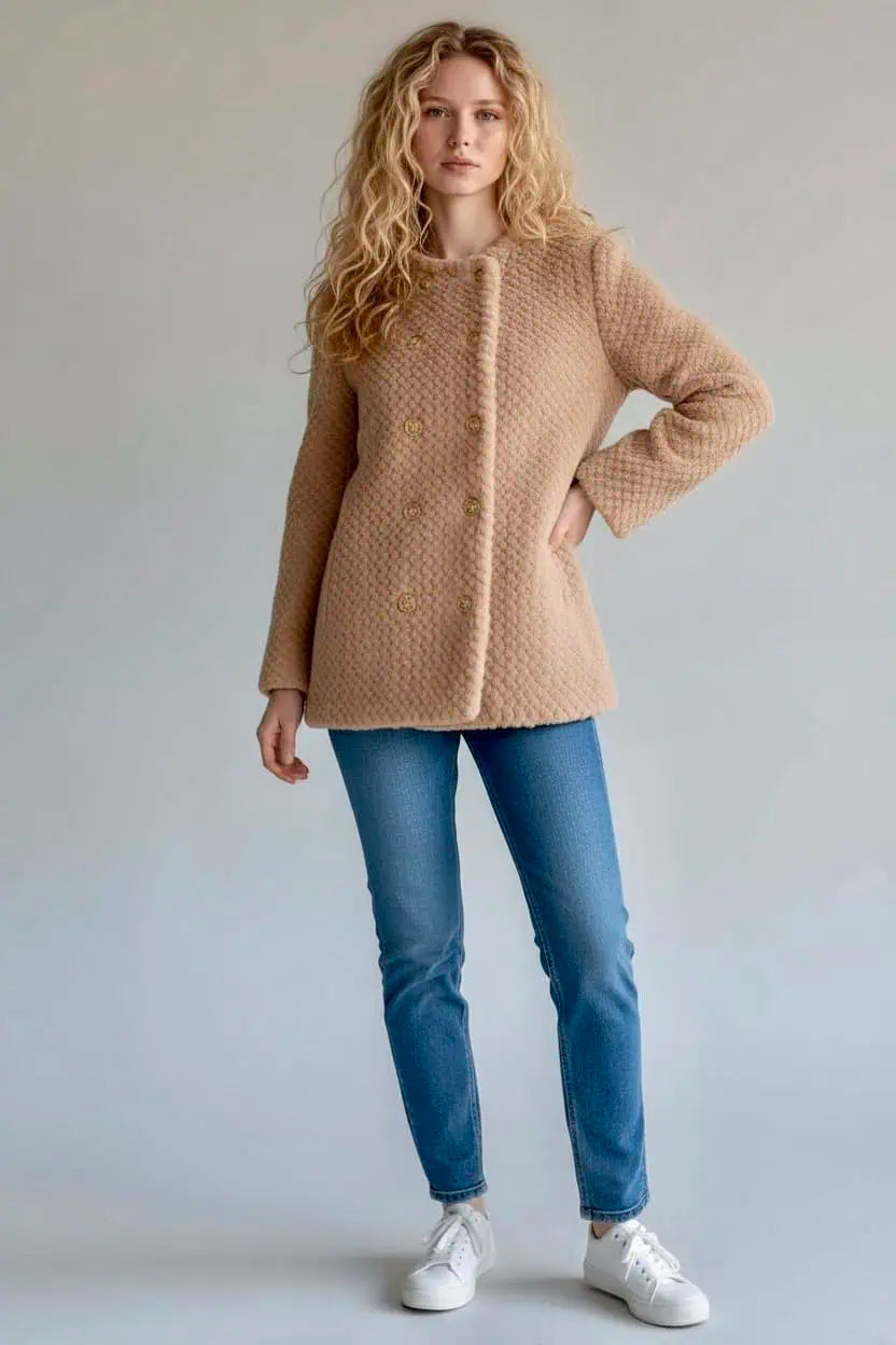 Textured Double-breasted Faux Shearling Jacket