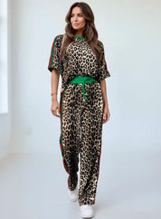Leopard Round Neck Top and Pants Two-Piece Set | Loungewear Sets Daverri Fashions
