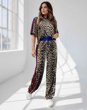Leopard Round Neck Top and Pants Two-Piece Set | Loungewear Sets Daverri Fashions