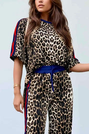 Leopard Round Neck Top and Pants Two-Piece Set | Loungewear Sets Daverri Fashions