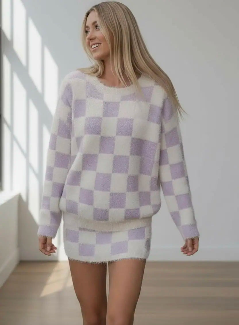 Fuzzy Checkered Sweater | Sweaters Daverri Fashions