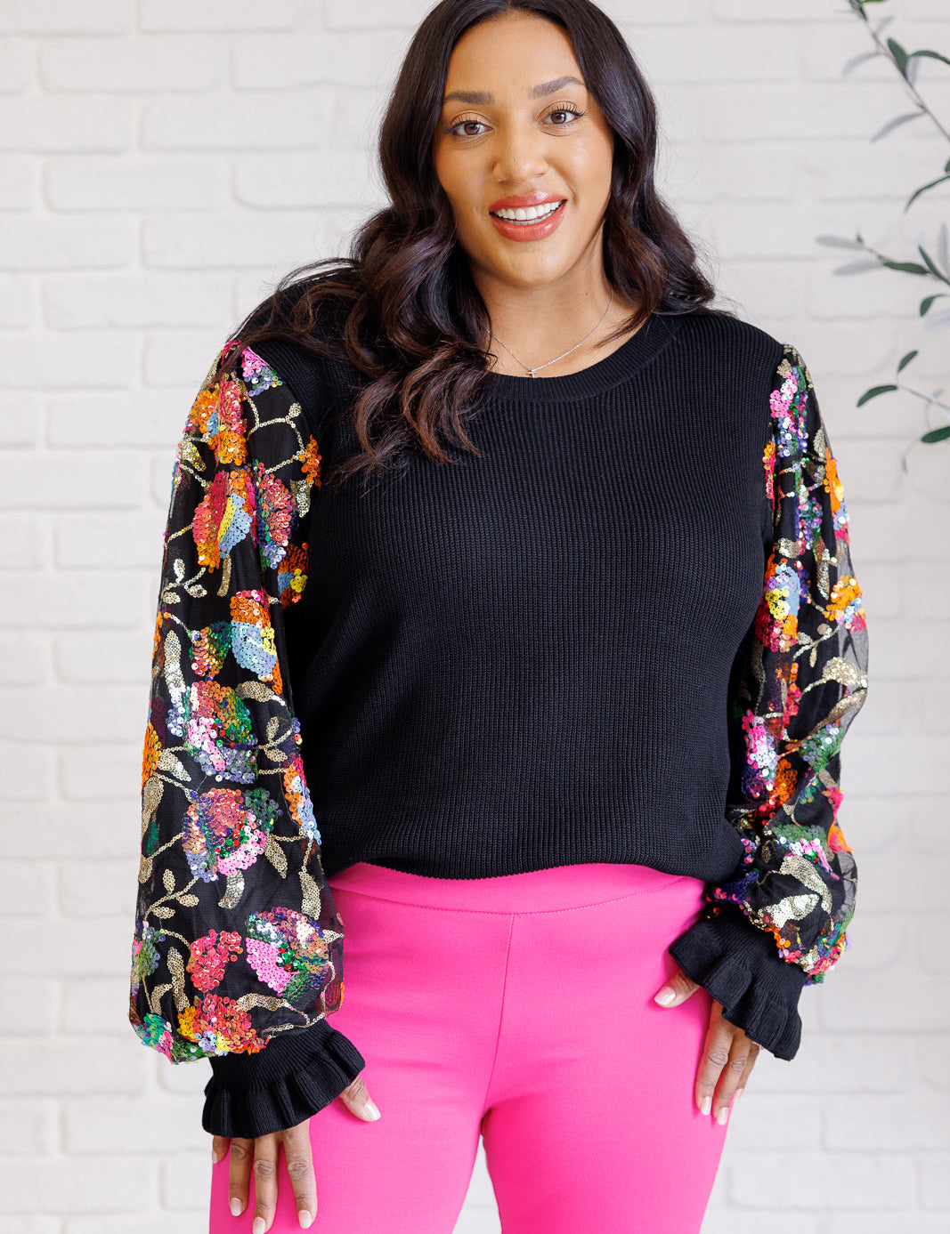 She is the Party Floral Sequins Mesh Sleeve Top | Tops Daverri Fashions