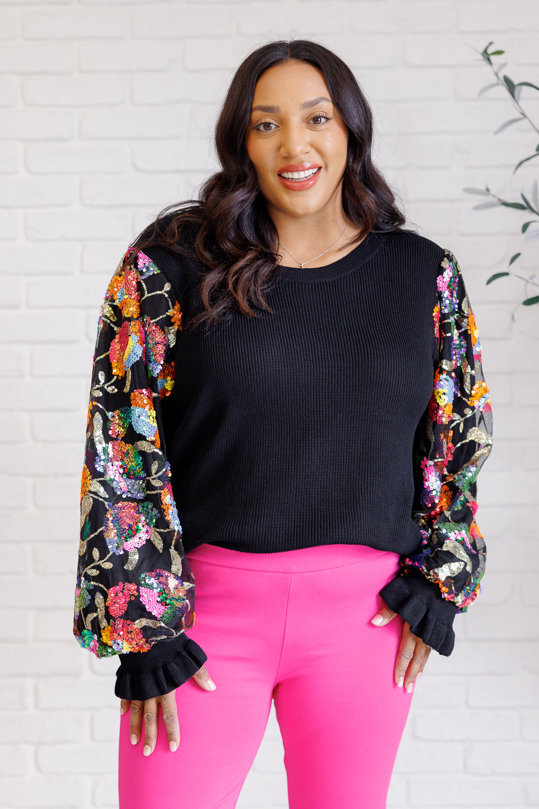 She is the Party Floral Sequins Mesh Sleeve Top | Tops Daverri Fashions