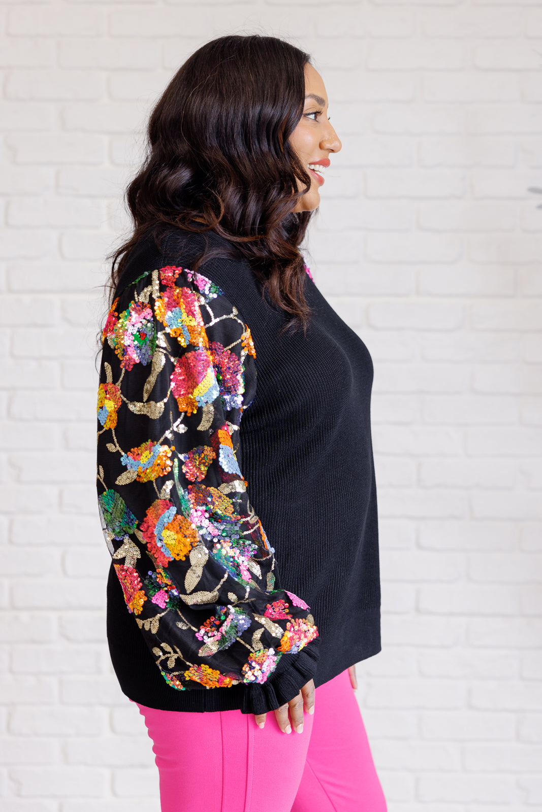 She is the Party Floral Sequins Mesh Sleeve Top | Tops Daverri Fashions