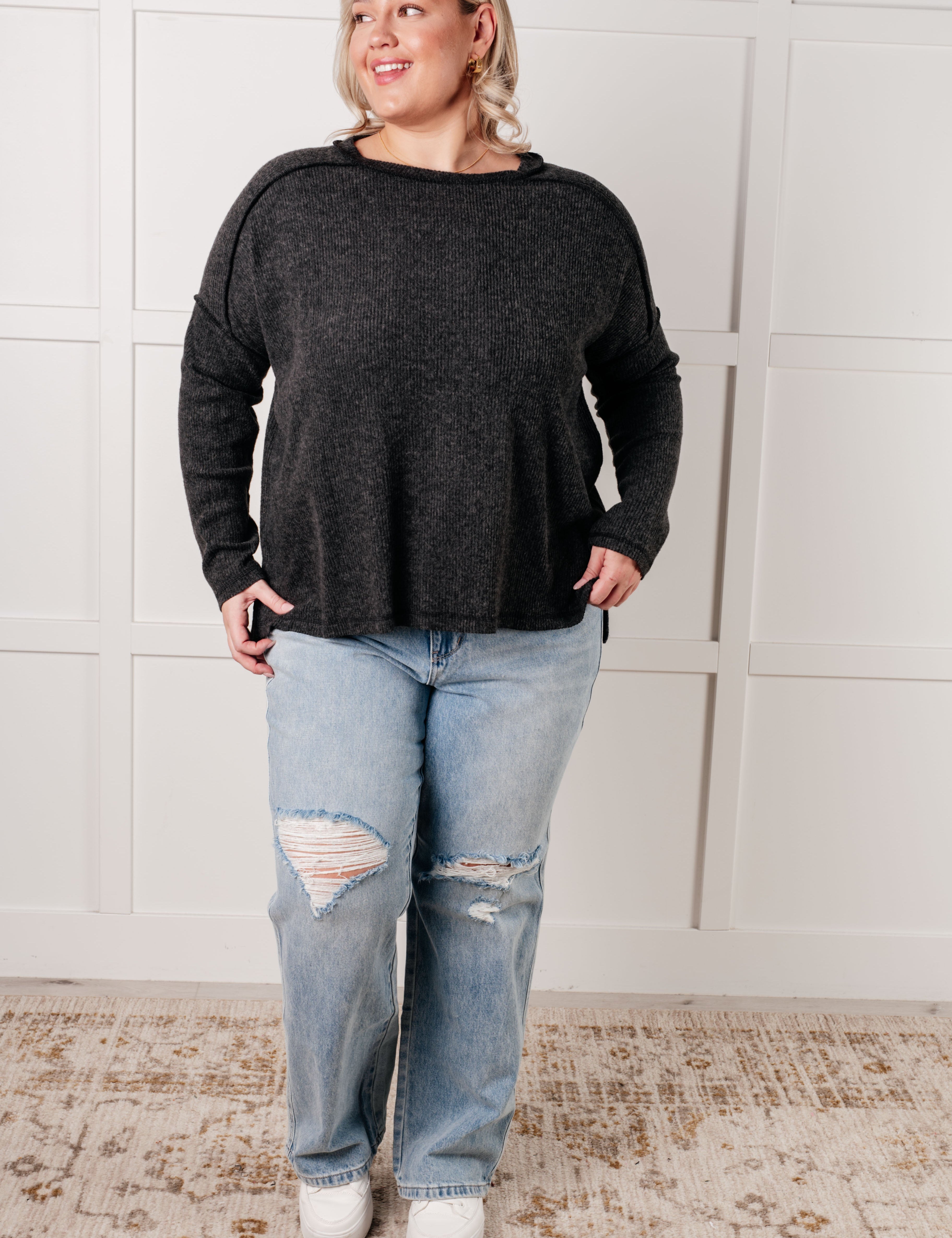 Simply Basic Ribbed Hacci Sweater in Black | Tops Daverri Fashions