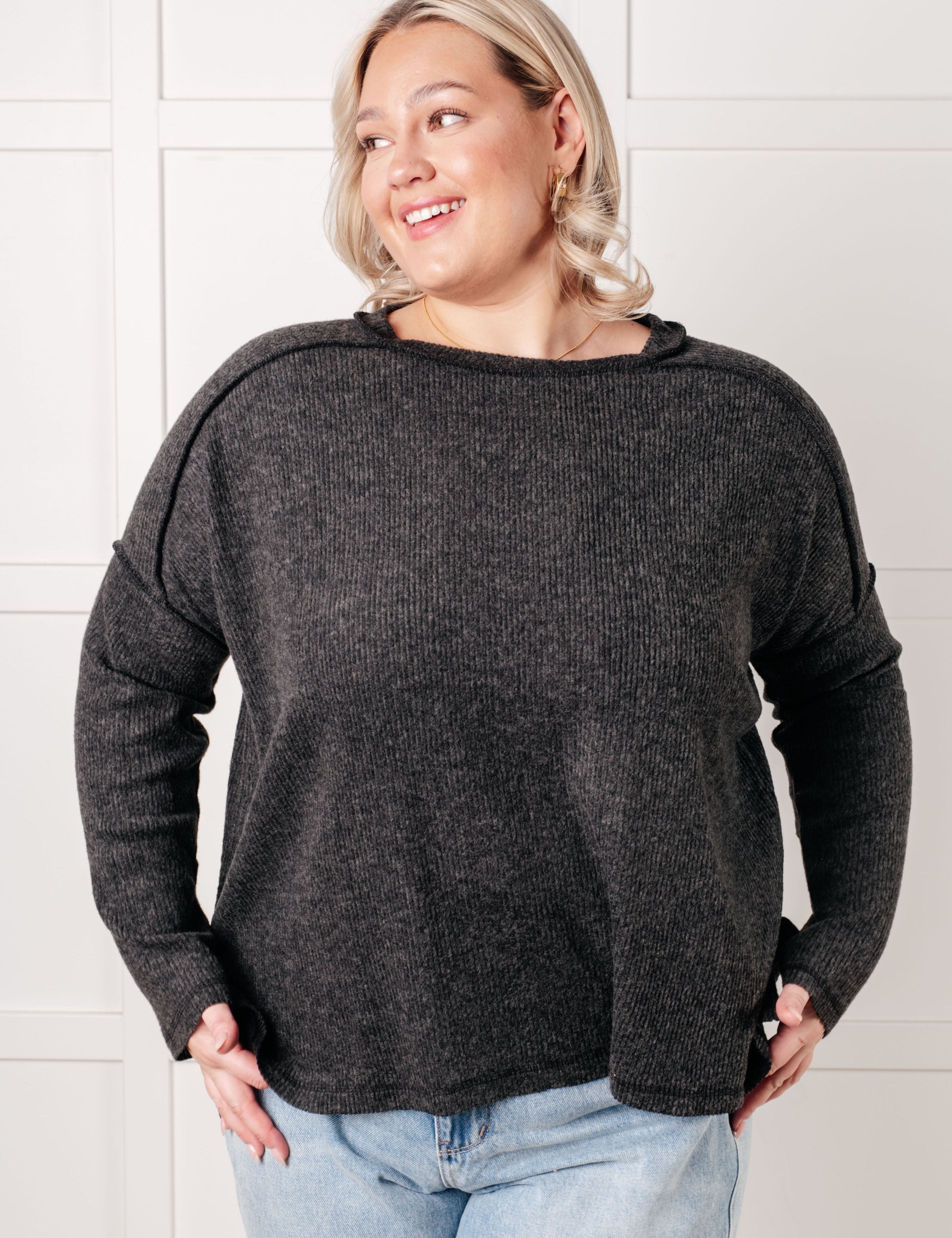 Simply Basic Ribbed Hacci Sweater in Black | Tops Daverri Fashions