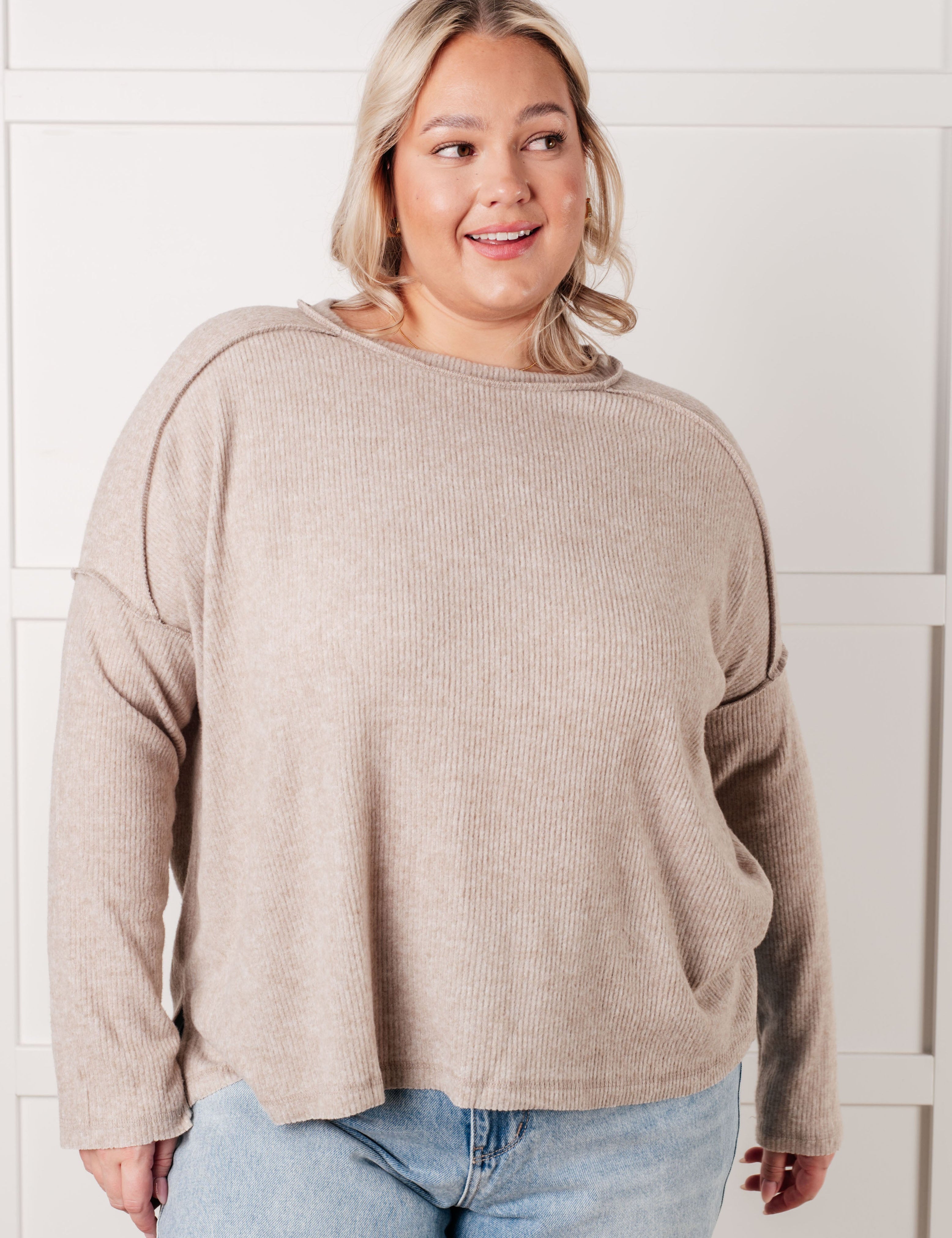 Simply Basic Ribbed Hacci Sweater in H Mocha | Tops Daverri Fashions