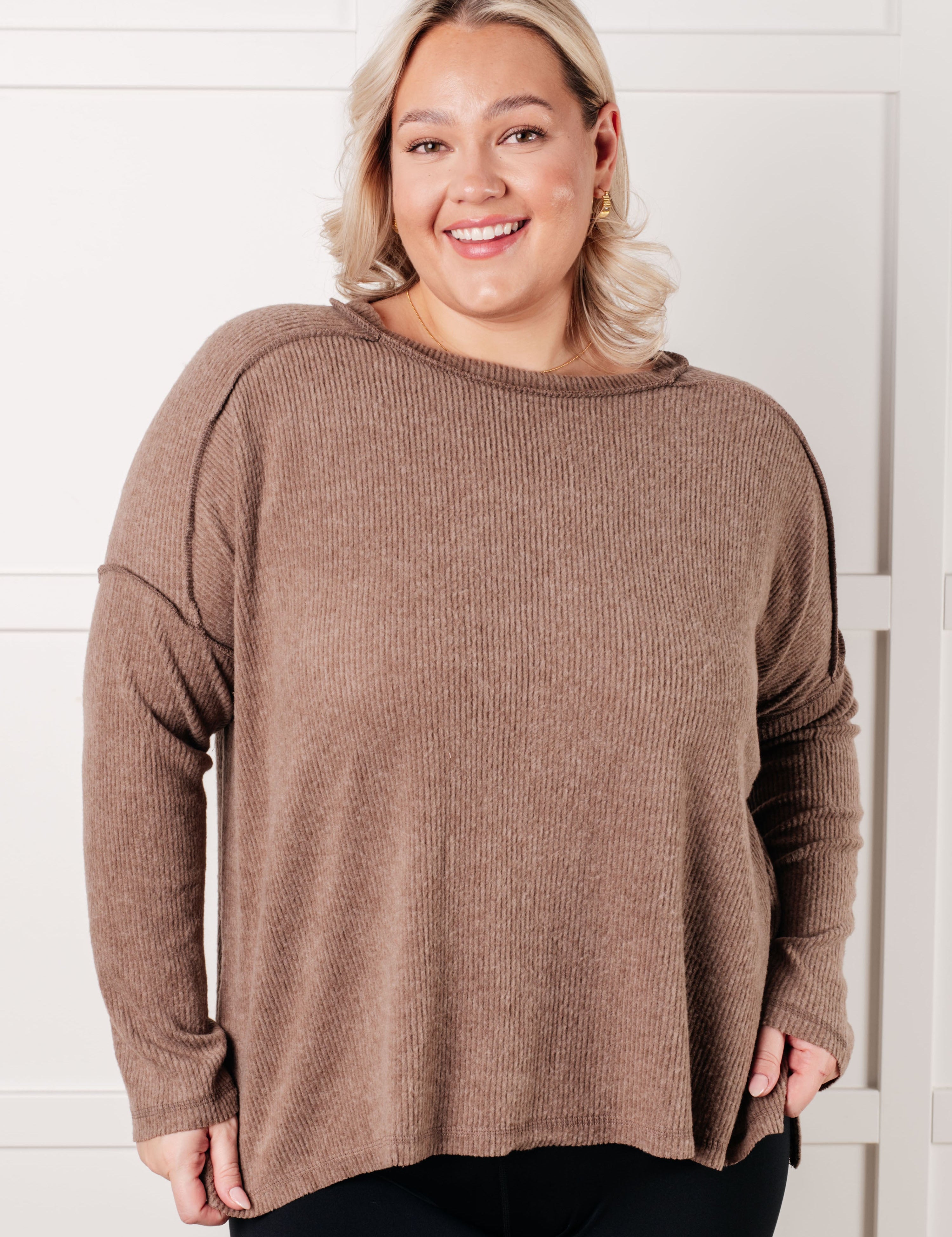 Simply Basic Ribbed Hacci Sweater in Mocha | Tops Daverri Fashions
