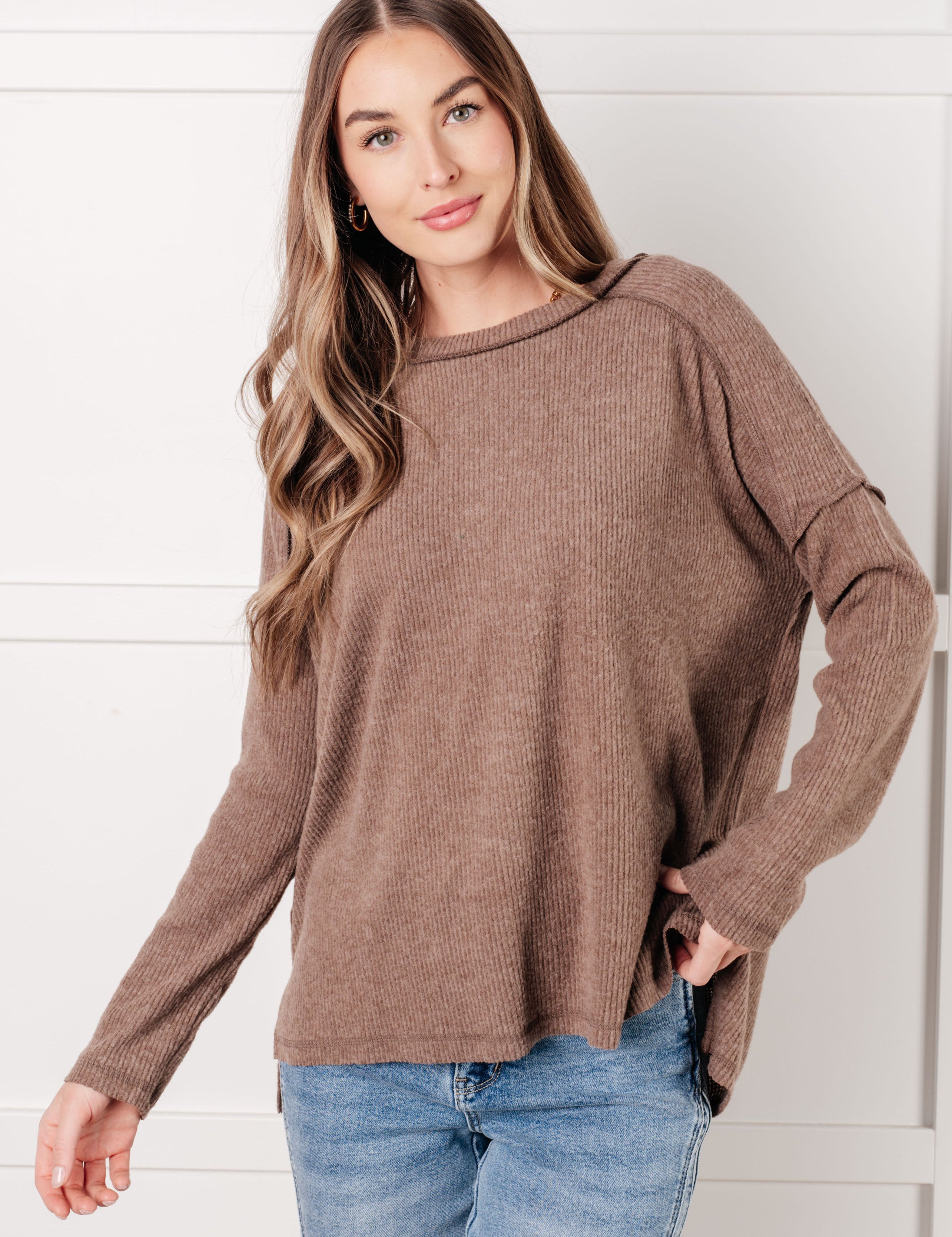 Simply Basic Ribbed Hacci Sweater in Mocha | Tops Daverri Fashions