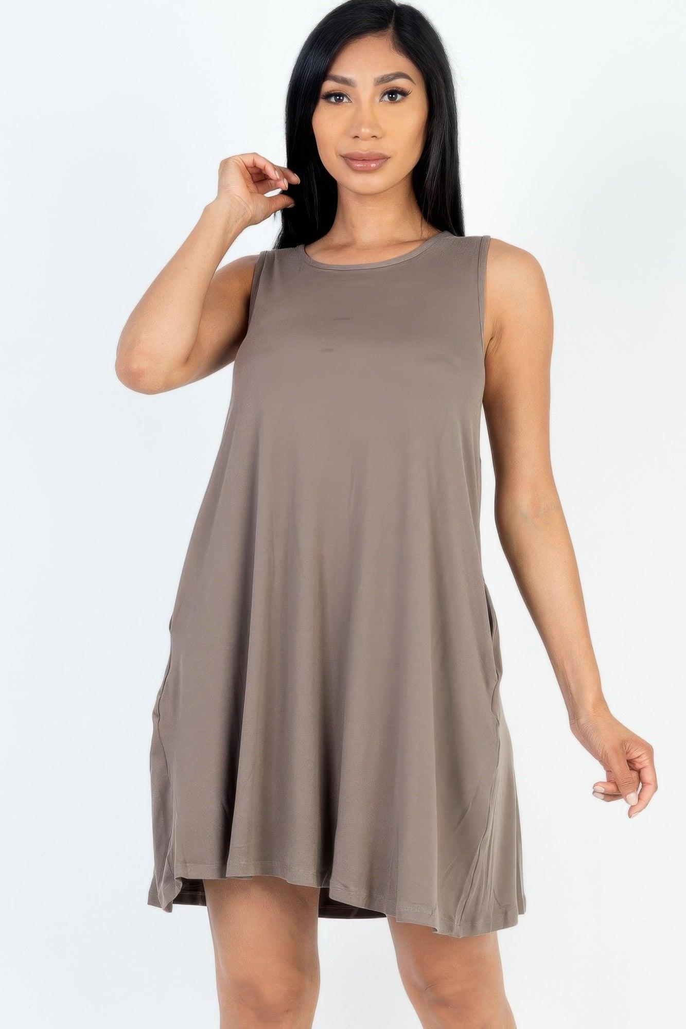 Taupe Comfy Sleeveless Flare Mini Dress | Mini Dresses Daverri Fashions