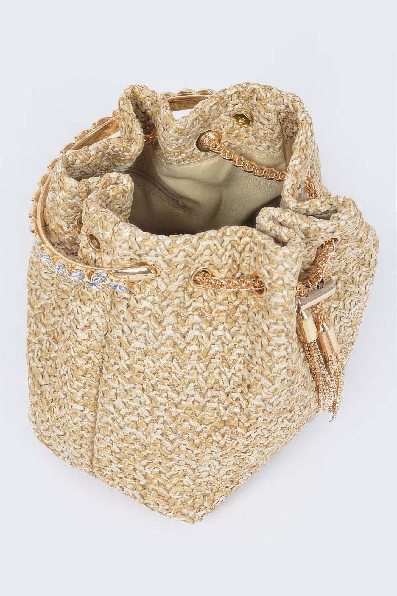 Faux Straw Bucket Bag W/stone Handle | Handbags Daverri Fashions