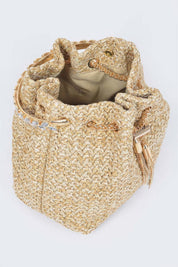 Faux Straw Bucket Bag W/stone Handle | Handbags Daverri Fashions