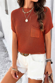 Red Solid Short Cap Sleeve Ribbed Knit Loose Top | Sweaters Daverri Fashions
