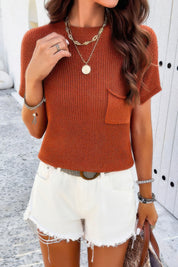 Solid Short Cap Sleeve Ribbed Knit Loose Top | Sweaters Daverri Fashions