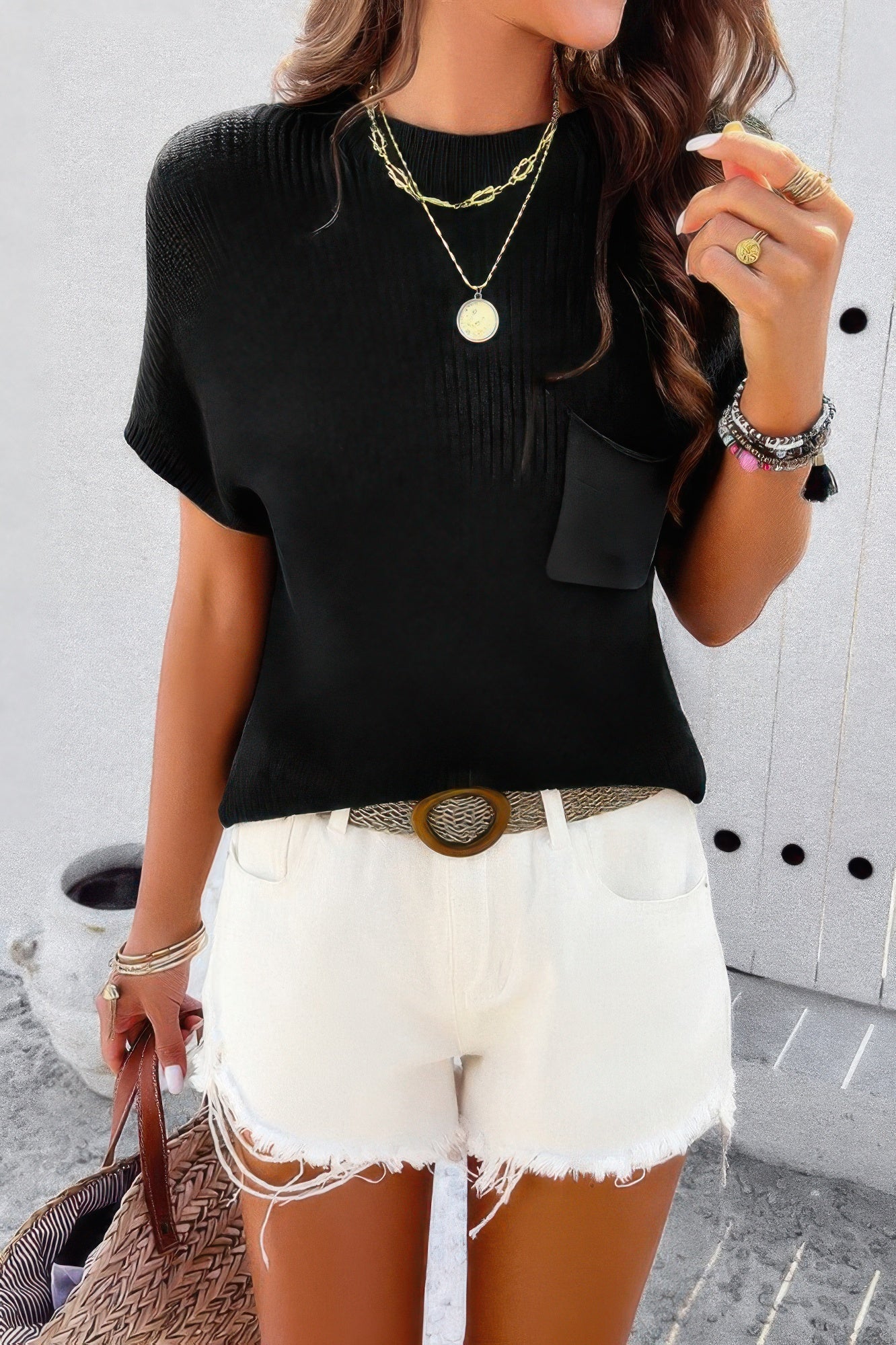 Solid Short Cap Sleeve Ribbed Knit Loose Top | Sweaters Daverri Fashions