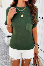 Green Solid Short Cap Sleeve Ribbed Knit Loose Top | Sweaters Daverri Fashions