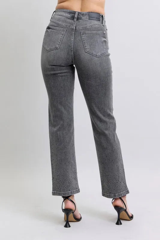 Judy Blue Full Size High Waist Rhinestone Straight Jeans Plus Size | Daverri Fashions