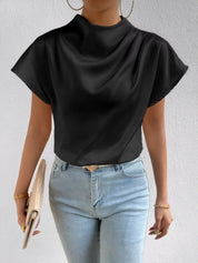Black Mock Neck Short Sleeve Blouse | Blouses Daverri Fashions