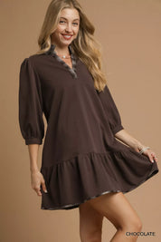 Umgee French Terry Ruffle Hem Dress with Plaid Trim | Mini Dresses Daverri Fashions
