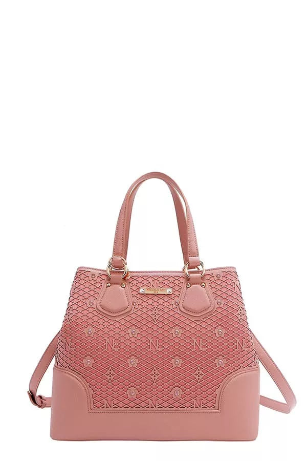 PINK OS Monogram Pattern Handbag with Rhinestones Decor | Handbags Daverri Fashions