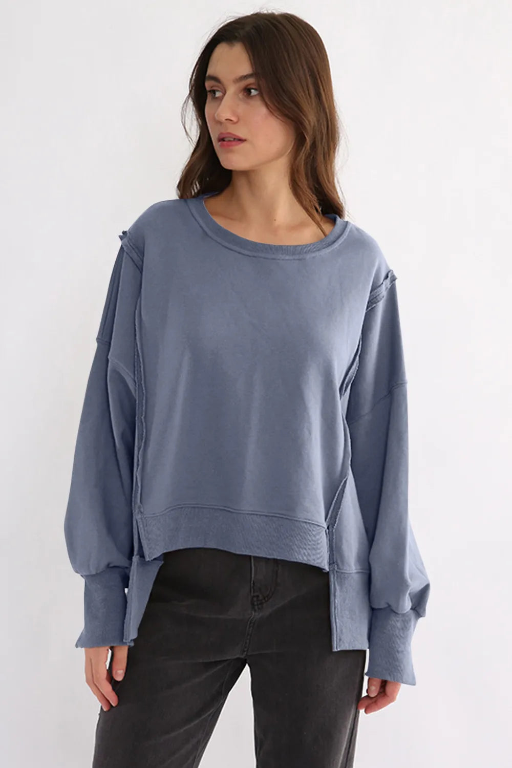 Exposed Seam High-Low Long Sleeve Sweatshirt | Daverri Fashions