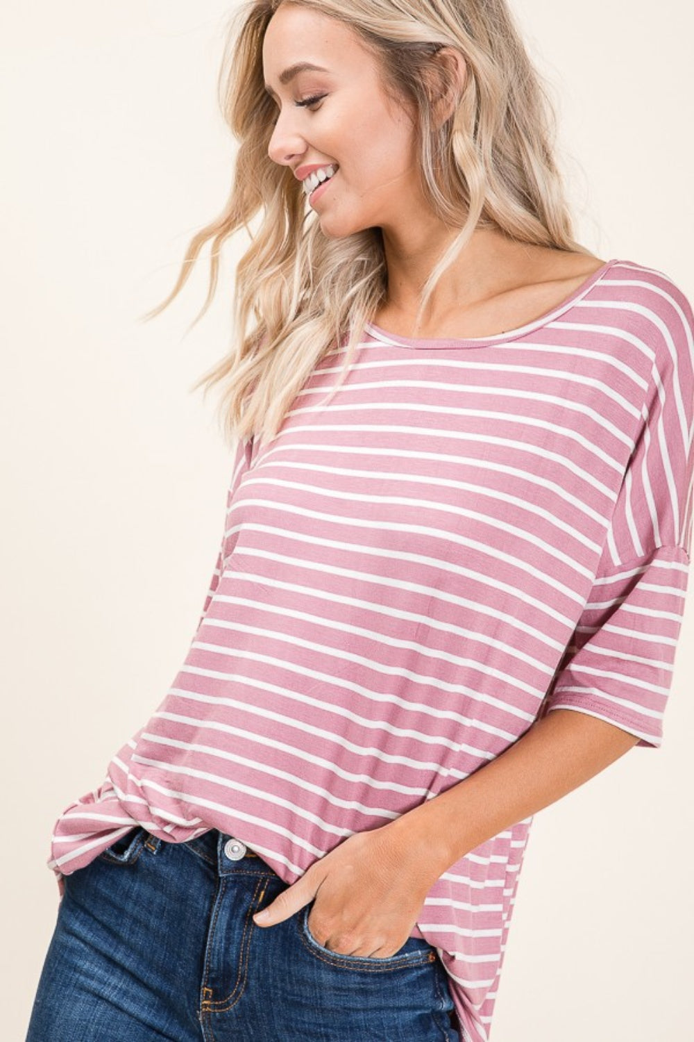 BOMBOM Striped Round Neck Half Sleeve T-Shirt | Daverri Fashions