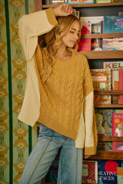 BiBi Cable Knit With Hacci Combo Sweater With Uneven Hem Detail | Sweaters Daverri Fashions