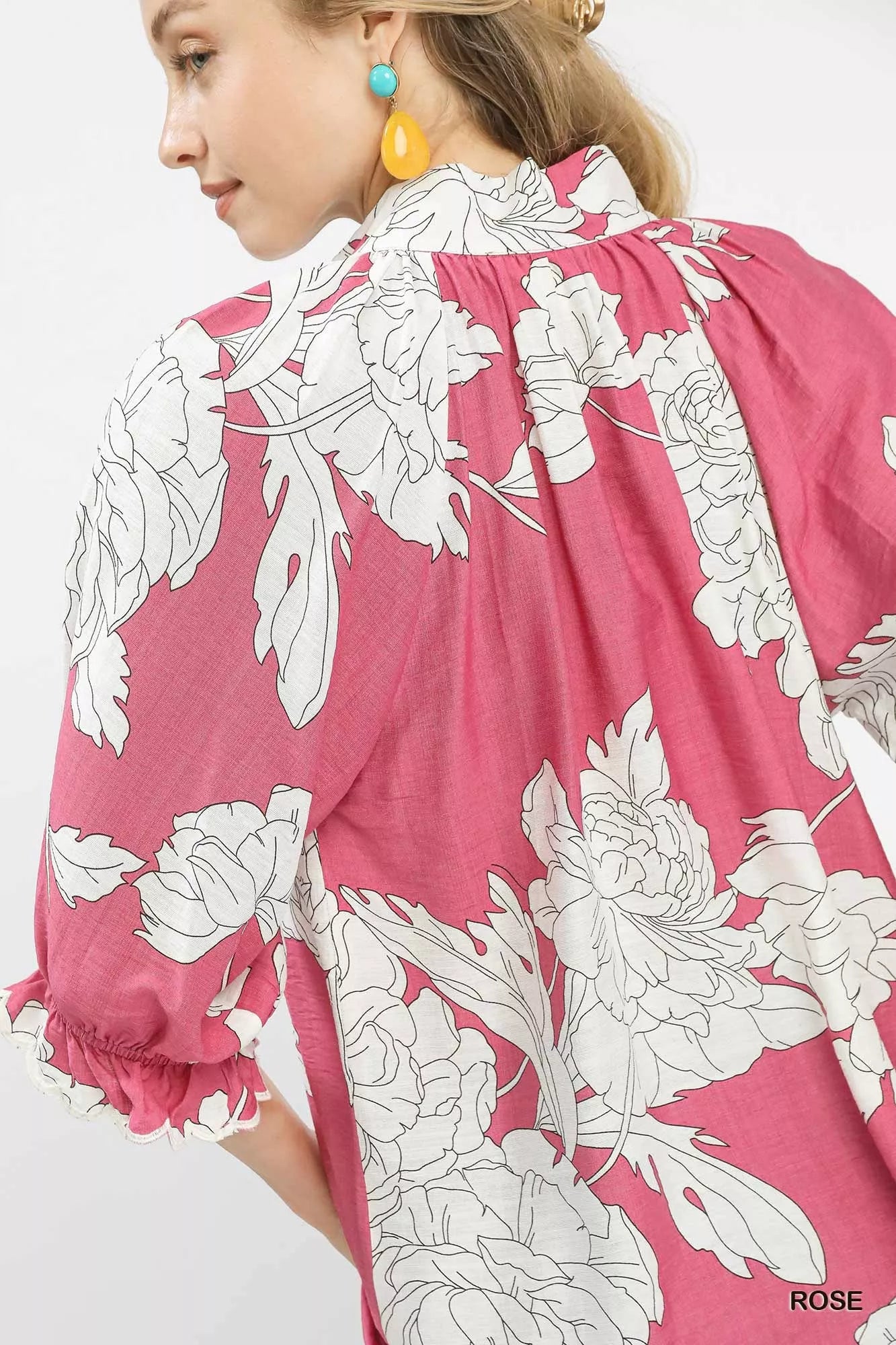 Umgee Peony Illustration Print Flounce Sleeve Blouse | Blouses Daverri Fashions