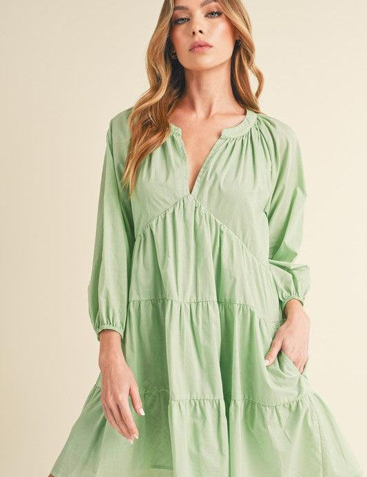 Light Green Aemi + Co Notched Balloon Sleeve Tiered Mini Dress | Mini Dresses Daverri Fashions