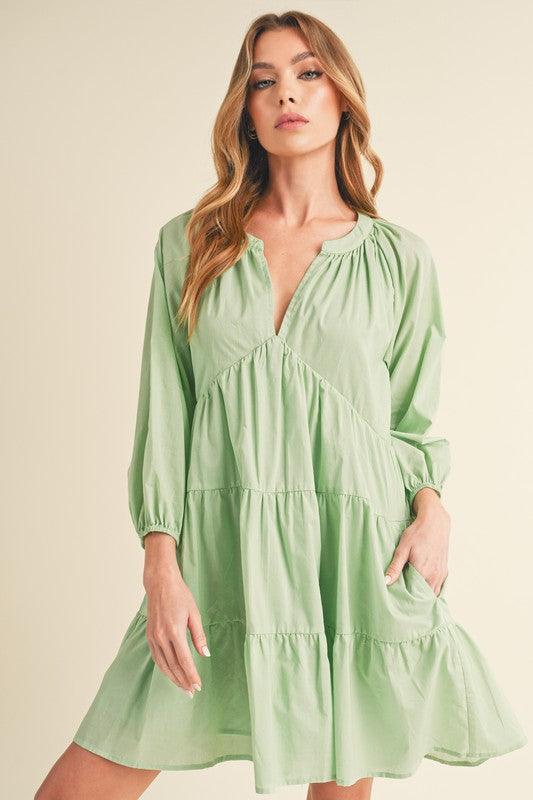 Light Green Aemi + Co Notched Balloon Sleeve Tiered Mini Dress | Mini Dresses Daverri Fashions